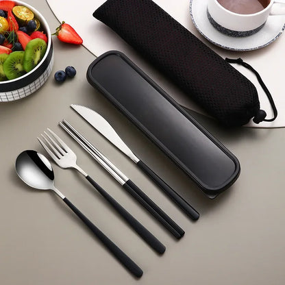 4-Piece Portable Cutlery Set – Stainless Steel, with Case, for Travel and Camping