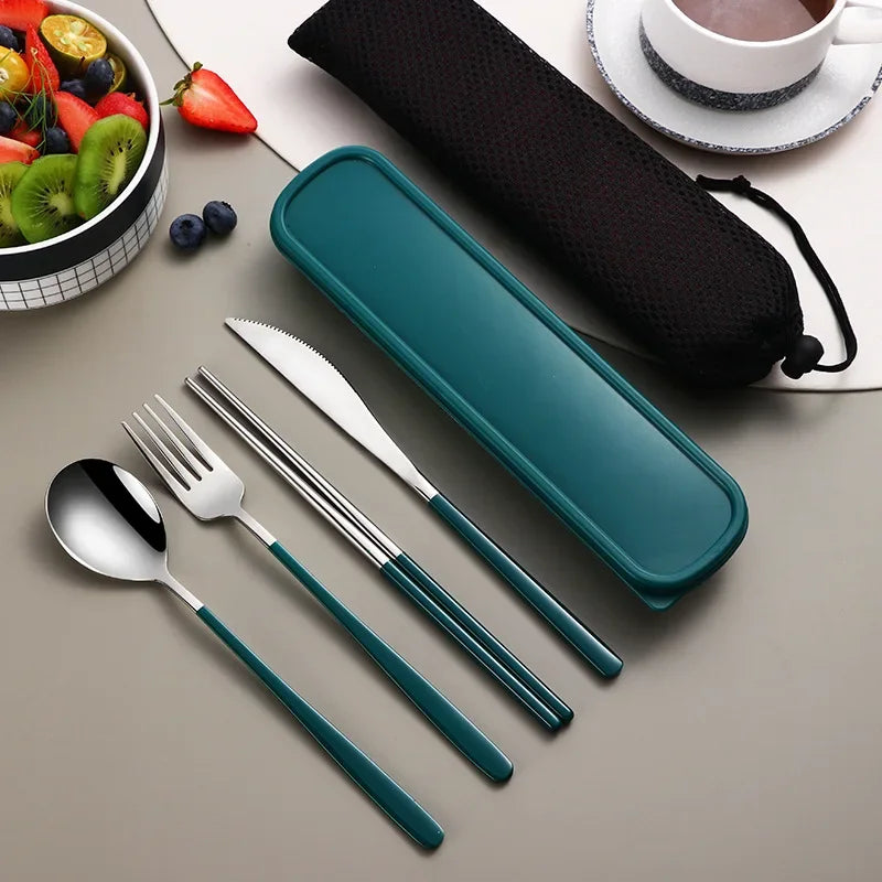 4-Piece Portable Cutlery Set – Stainless Steel, with Case, for Travel and Camping