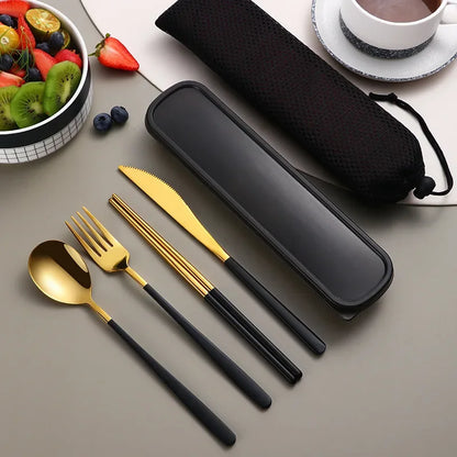 4-Piece Portable Cutlery Set – Stainless Steel, with Case, for Travel and Camping
