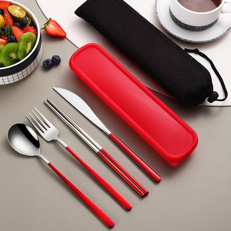 4-Piece Portable Cutlery Set – Stainless Steel, with Case, for Travel and Camping