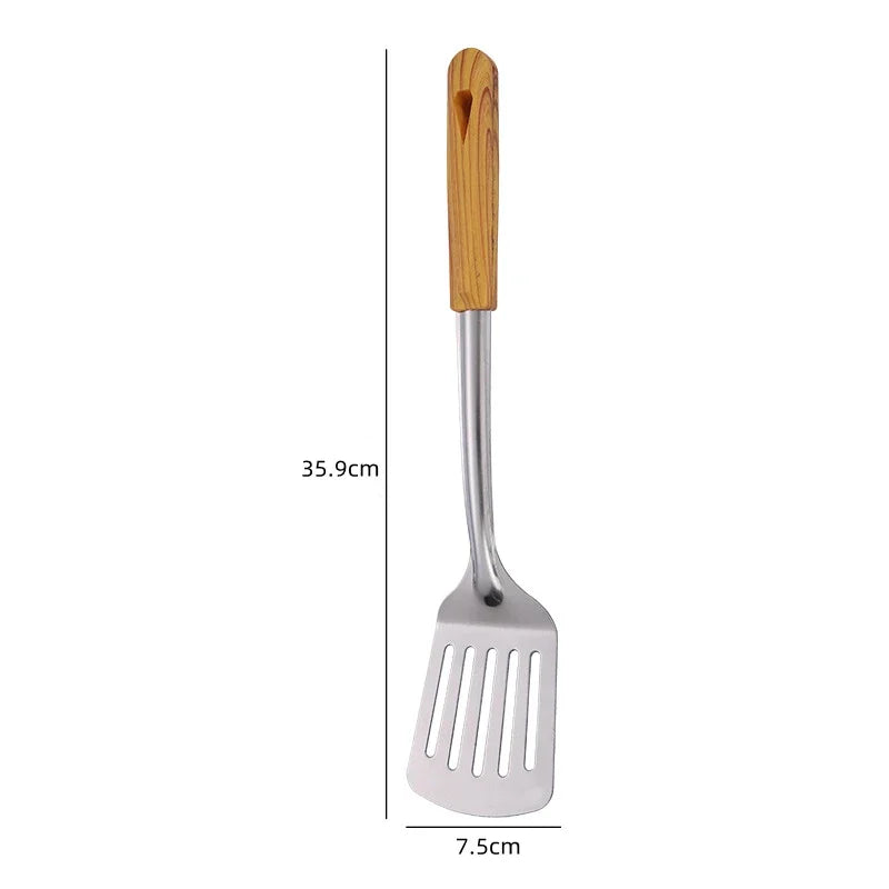 Conjunto Premium de Utensílios em Aço Inoxidável 304 – Cabo de Madeira, 5 Peças