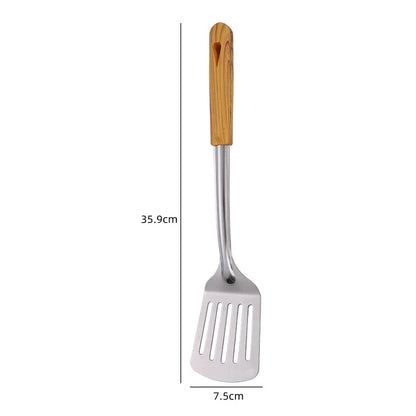 Conjunto Premium de Utensílios em Aço Inoxidável 304 – Cabo de Madeira, 5 Peças