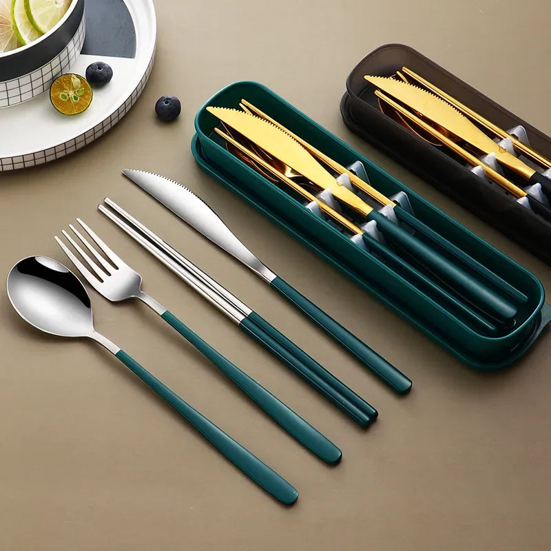 4-Piece Portable Cutlery Set – Stainless Steel, with Case, for Travel and Camping
