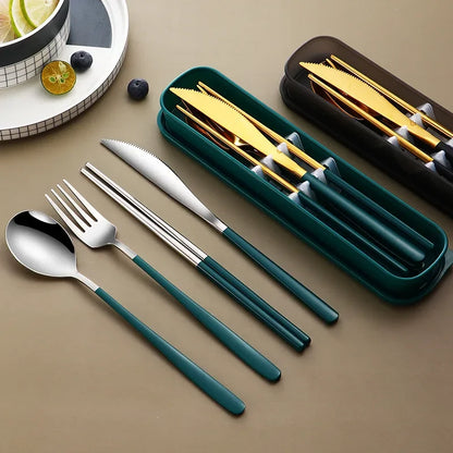 4-Piece Portable Cutlery Set – Stainless Steel, with Case, for Travel and Camping
