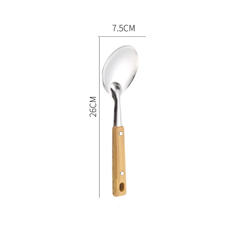 Conjunto Premium de Utensílios em Aço Inoxidável 304 – Cabo de Madeira, 5 Peças