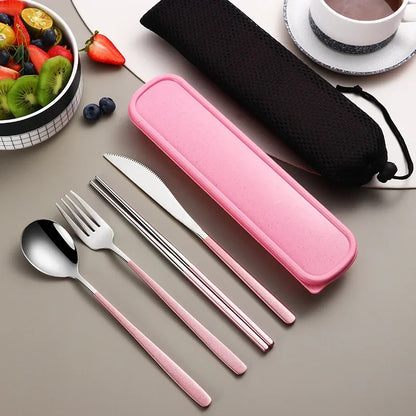 4-Piece Portable Cutlery Set – Stainless Steel, with Case, for Travel and Camping
