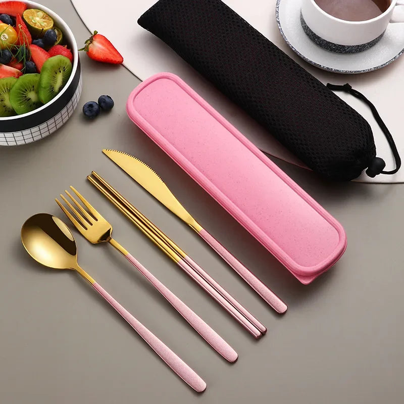 4-Piece Portable Cutlery Set – Stainless Steel, with Case, for Travel and Camping
