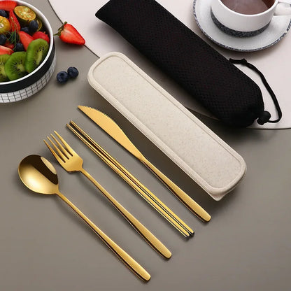 4-Piece Portable Cutlery Set – Stainless Steel, with Case, for Travel and Camping