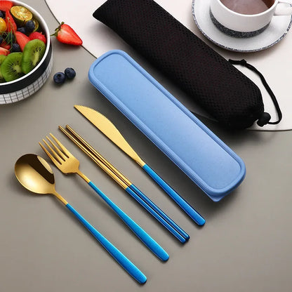 4-Piece Portable Cutlery Set – Stainless Steel, with Case, for Travel and Camping
