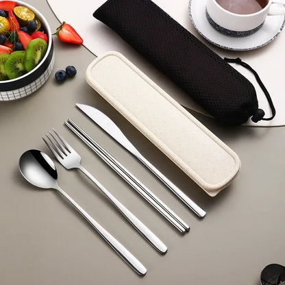 4-Piece Portable Cutlery Set – Stainless Steel, with Case, for Travel and Camping