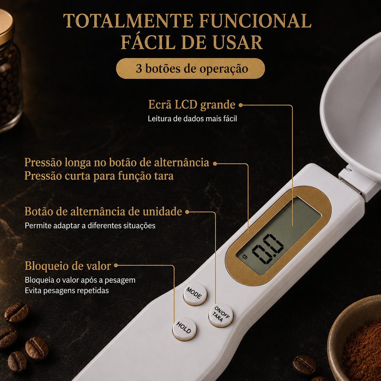 Colher Balança Digital Mini kitchya – 0.1g-500g, LCD, para Café, Leite e Farinha