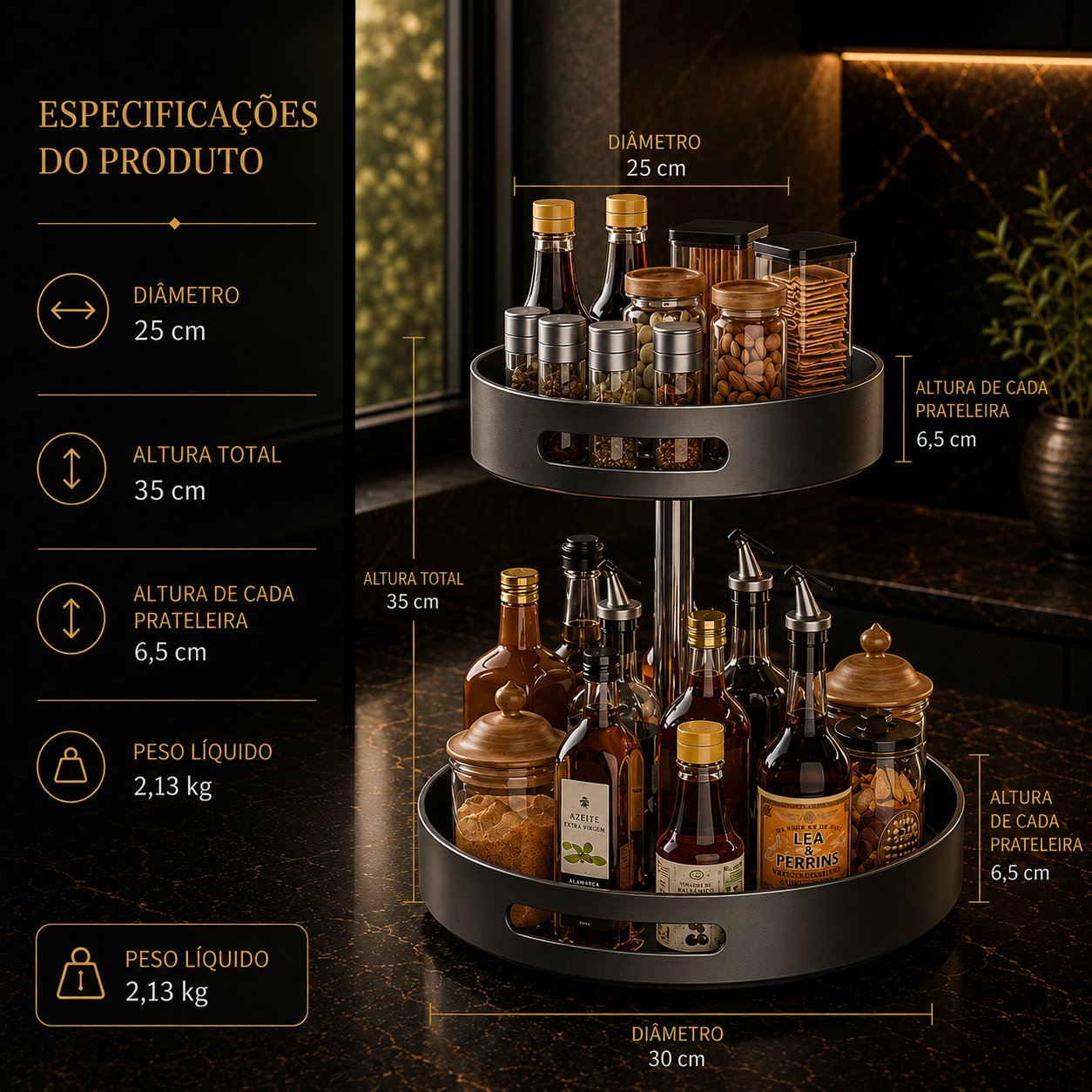 Prateleira de Especiarias Rotativa 360° em Aço Carbono Lazy Susan Organizador Giratório para Despensa Armário Bancada