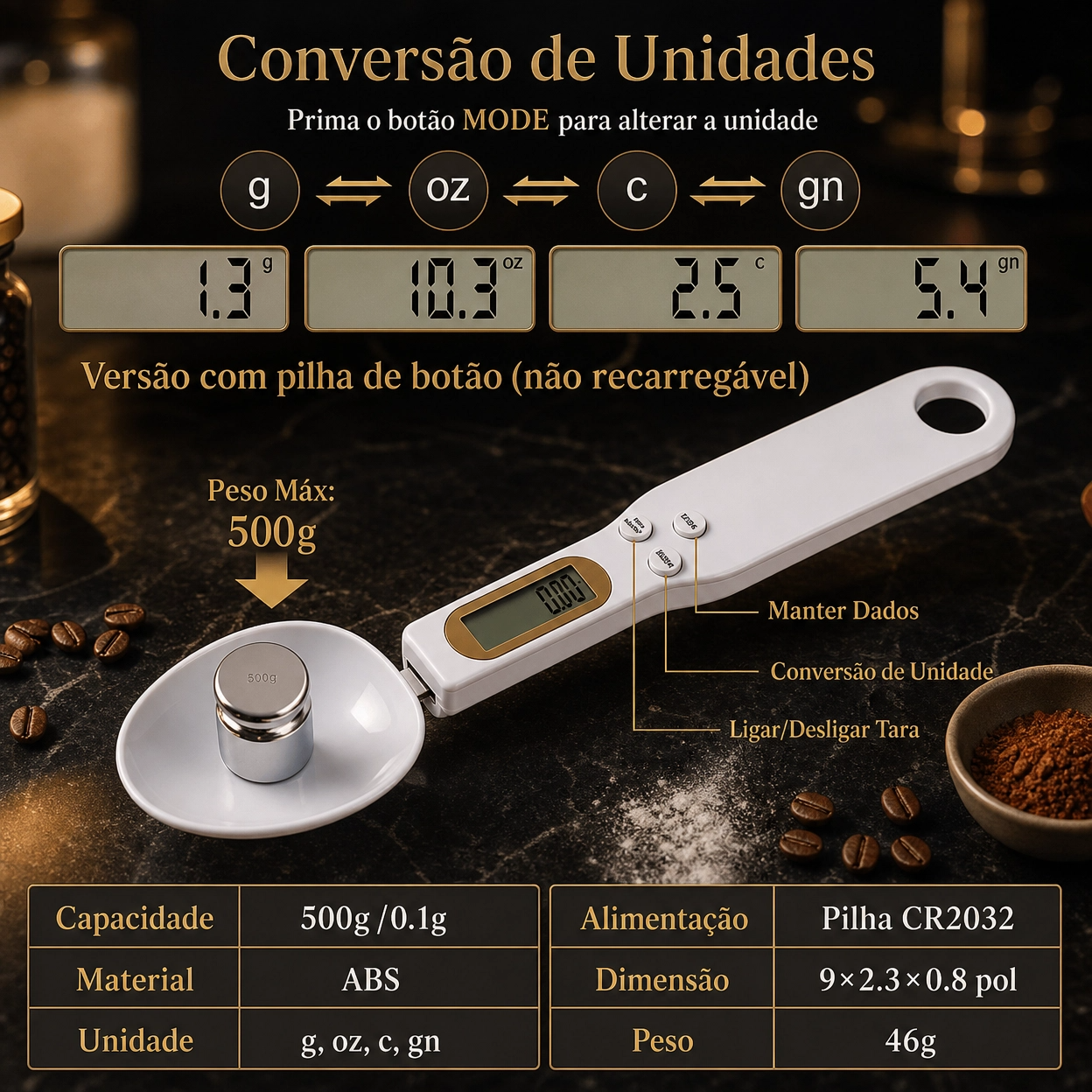 Colher Balança Digital Mini kitchya – 0.1g-500g, LCD, para Café, Leite e Farinha