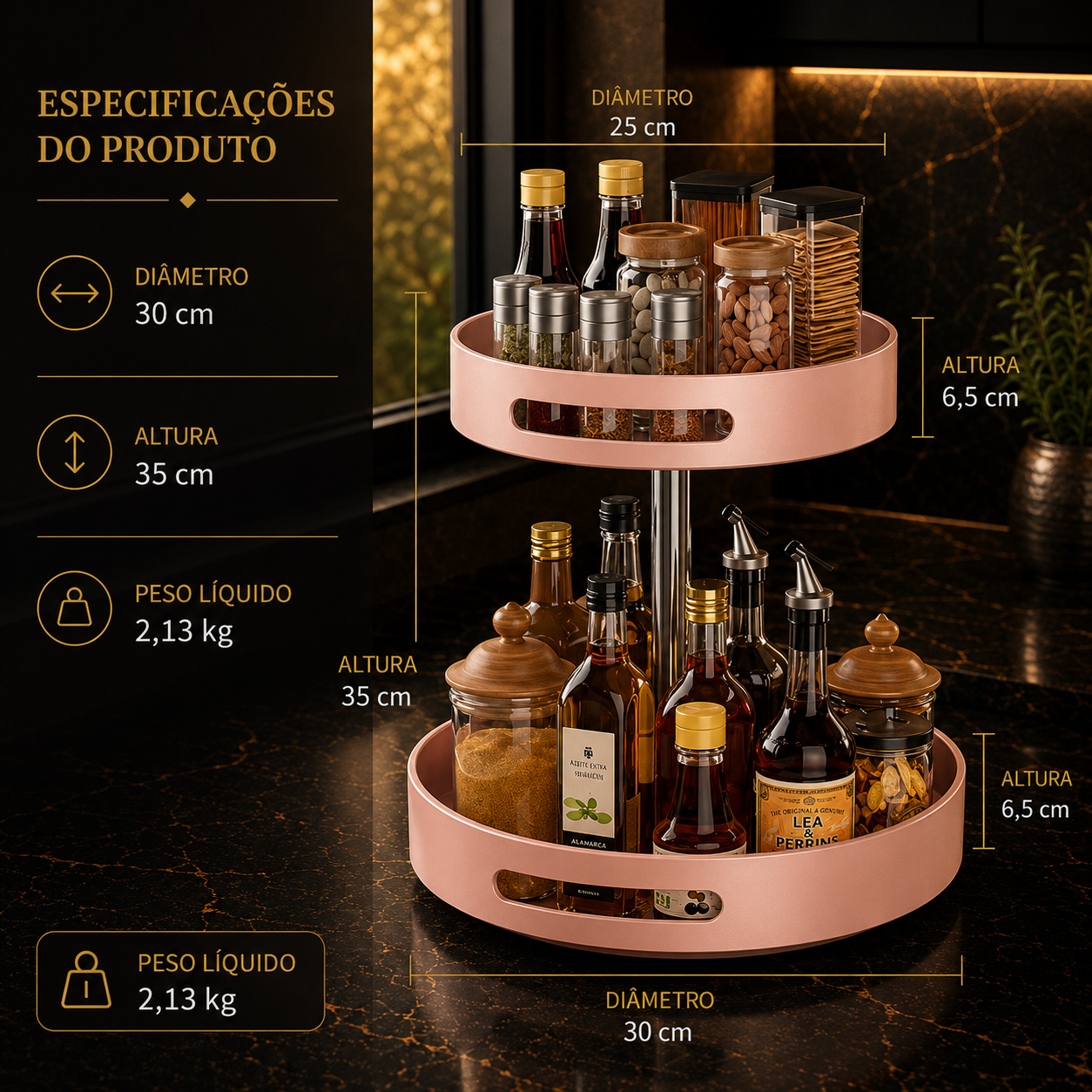 Prateleira de Especiarias Rotativa 360° em Aço Carbono Lazy Susan Organizador Giratório para Despensa Armário Bancada