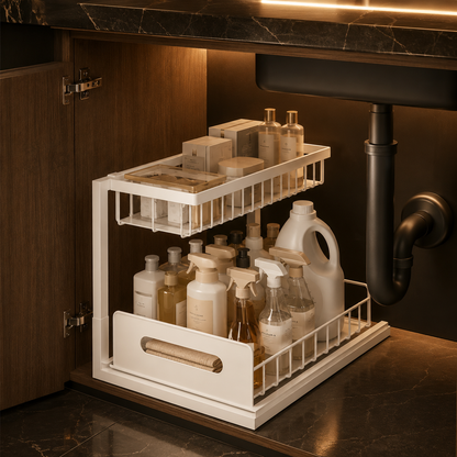 Under Sink Sliding Organizer - Metal Pull Out Shelves for Kitchen, Bathroom and Garage