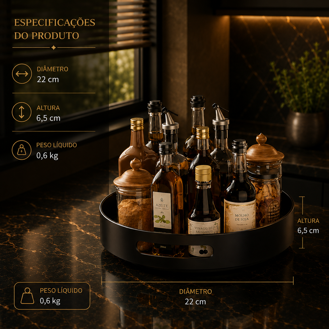 Prateleira de Especiarias Rotativa 360° em Aço Carbono Lazy Susan Organizador Giratório para Despensa Armário Bancada