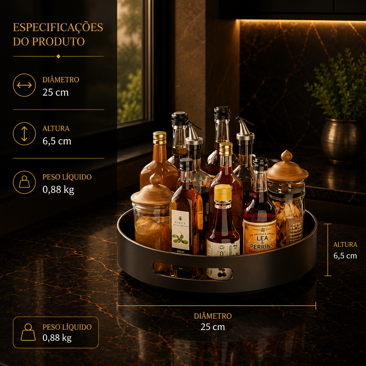 Prateleira de Especiarias Rotativa 360° em Aço Carbono Lazy Susan Organizador Giratório para Despensa Armário Bancada
