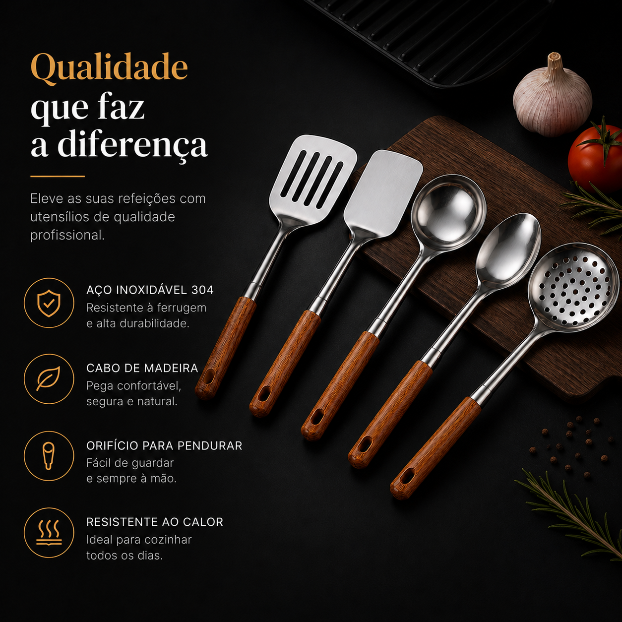 Conjunto Premium de Utensílios em Aço Inoxidável 304 – Cabo de Madeira, 5 Peças