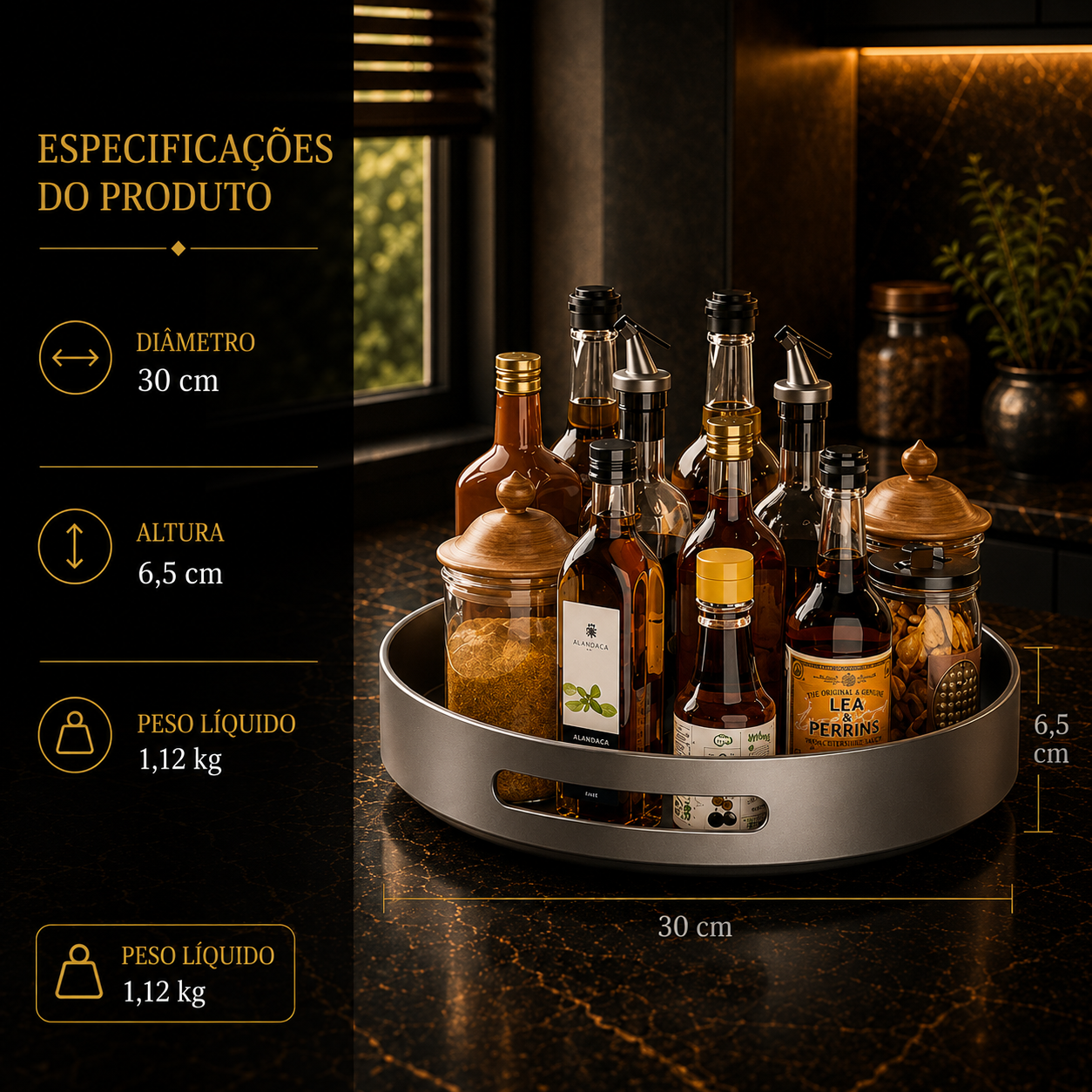 Prateleira de Especiarias Rotativa 360° em Aço Carbono Lazy Susan Organizador Giratório para Despensa Armário Bancada