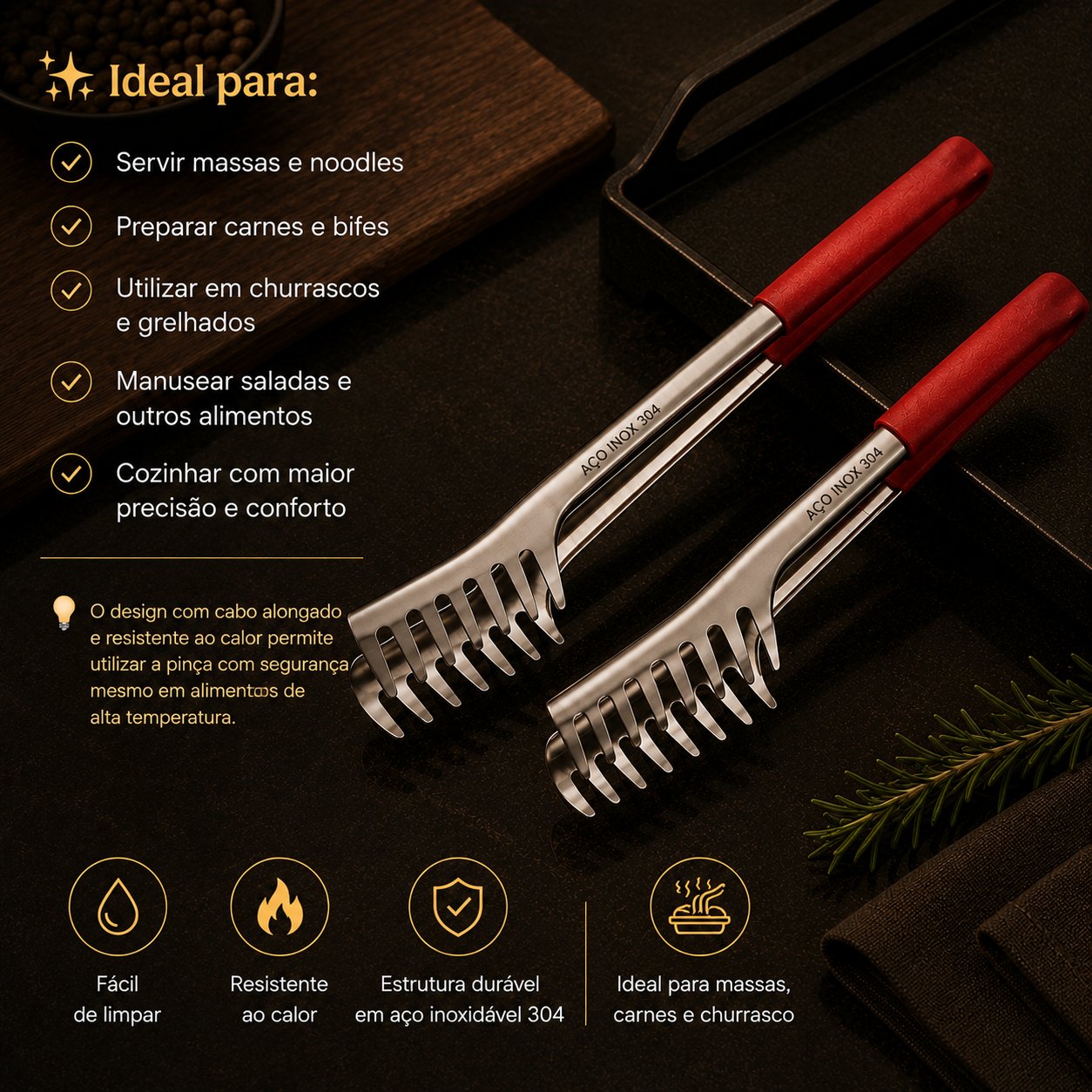 Pinça de Cozinha Aço Inoxidável 304 – Resistente ao Calor
