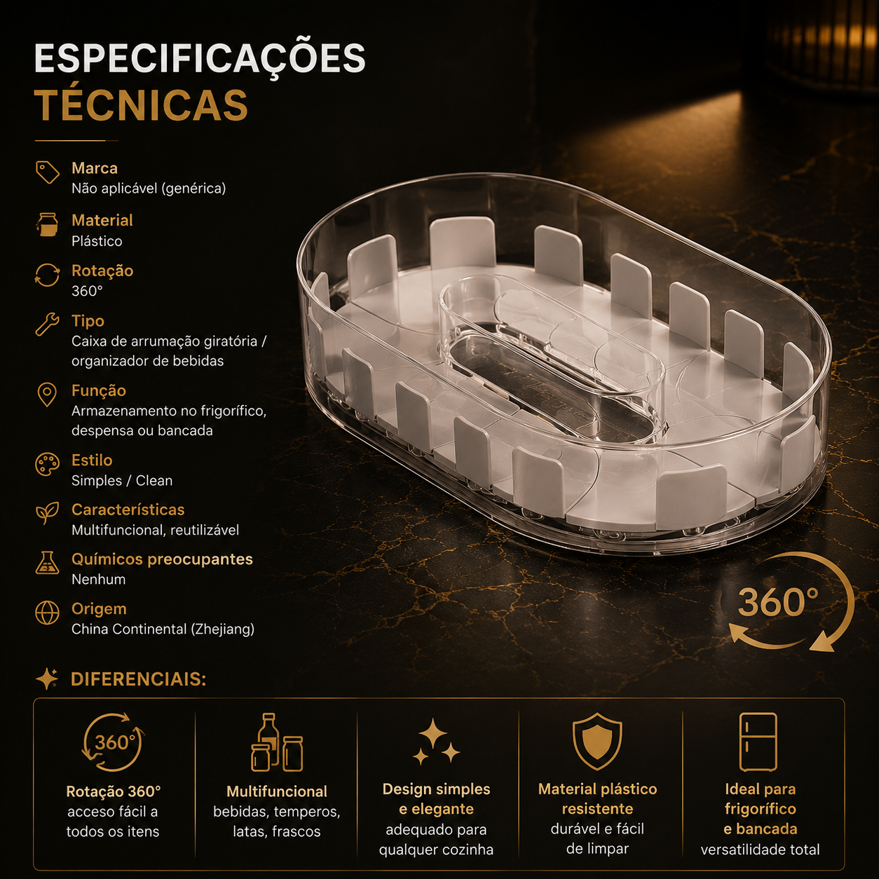 Caixa de Armazenamento Rotativa 360º para Frigorífico, Organizador Multifuncional de Especiarias, Bandeja Simples para Bebidas para Bancada de Cozinha