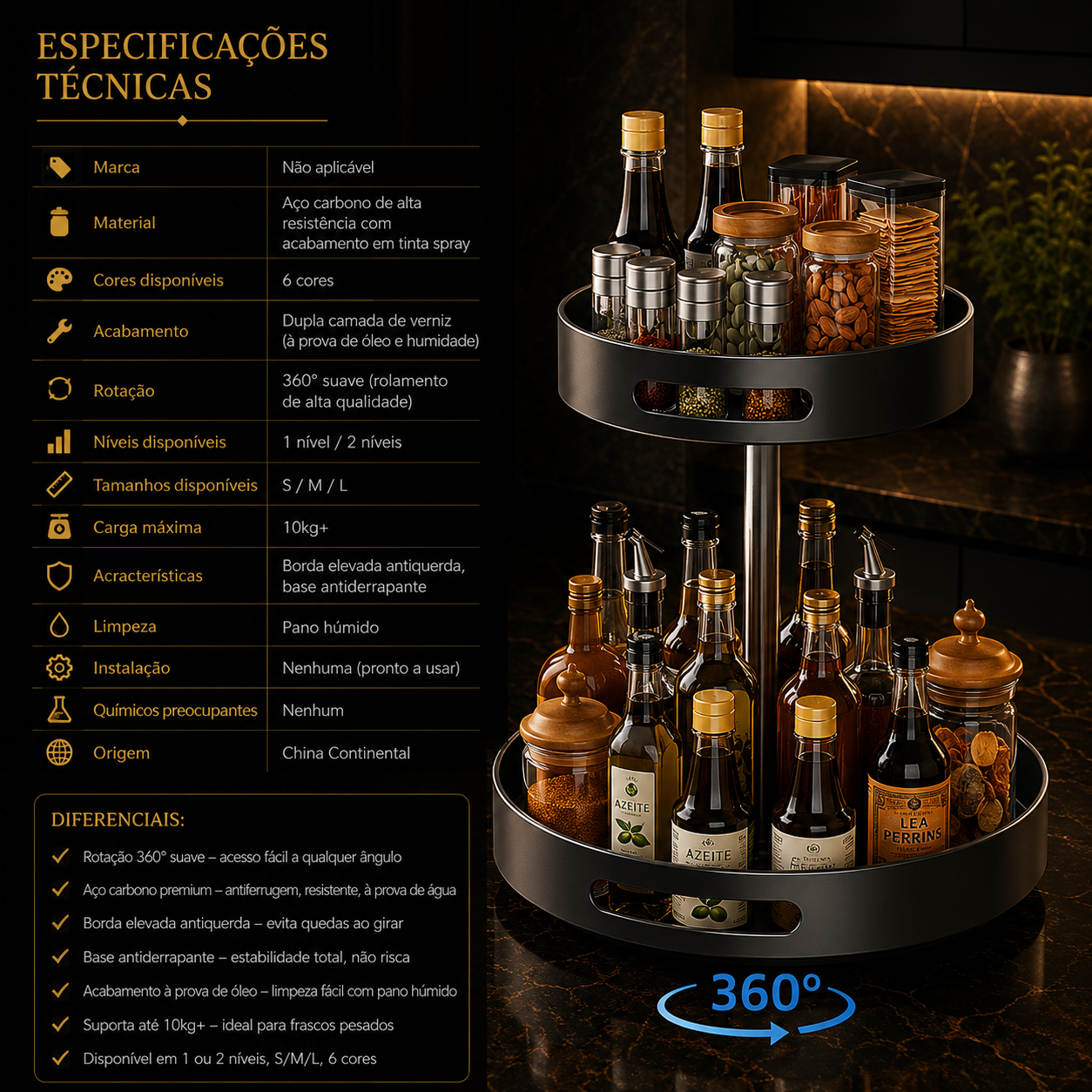 Prateleira de Especiarias Rotativa 360° em Aço Carbono Lazy Susan Organizador Giratório para Despensa Armário Bancada