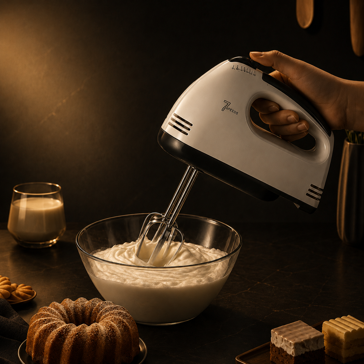 Batedeira Elétrica Portátil 7 Velocidades – Mini Misturadora para Ovos, Natas e Preparações de Cozinha