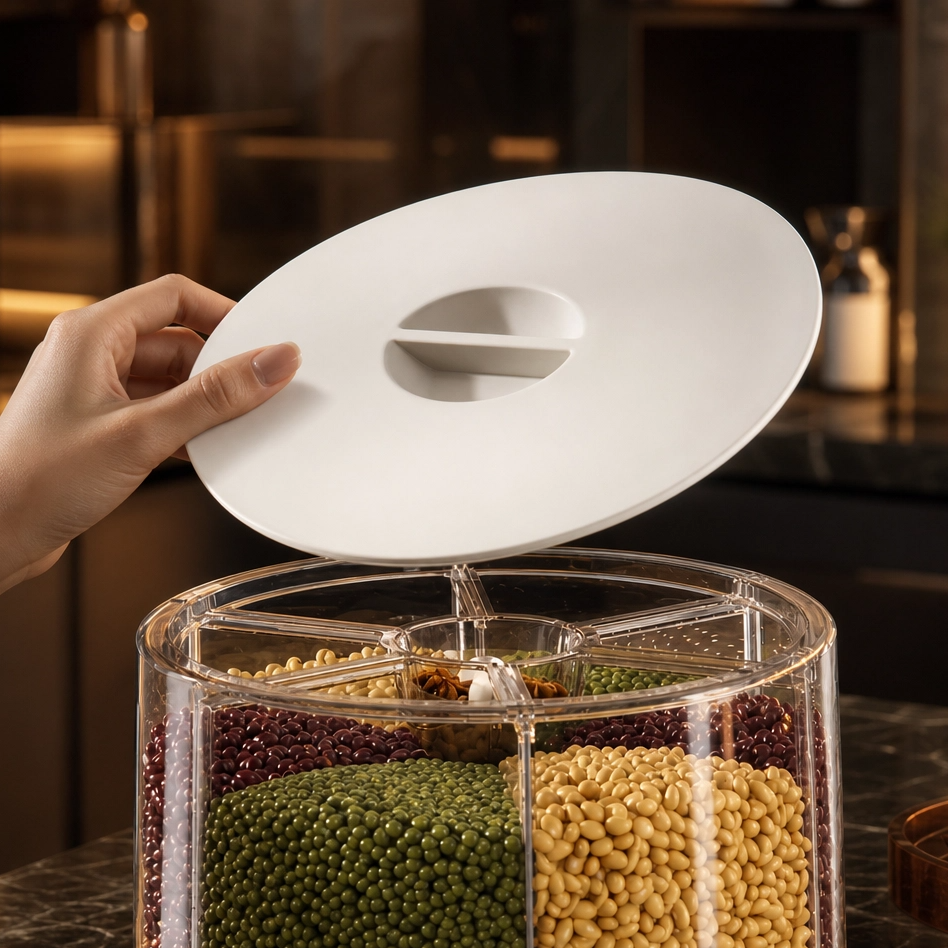 360° Rotating Organizer with 6 Compartments – Airtight, for Cereals, Rice and Sweets