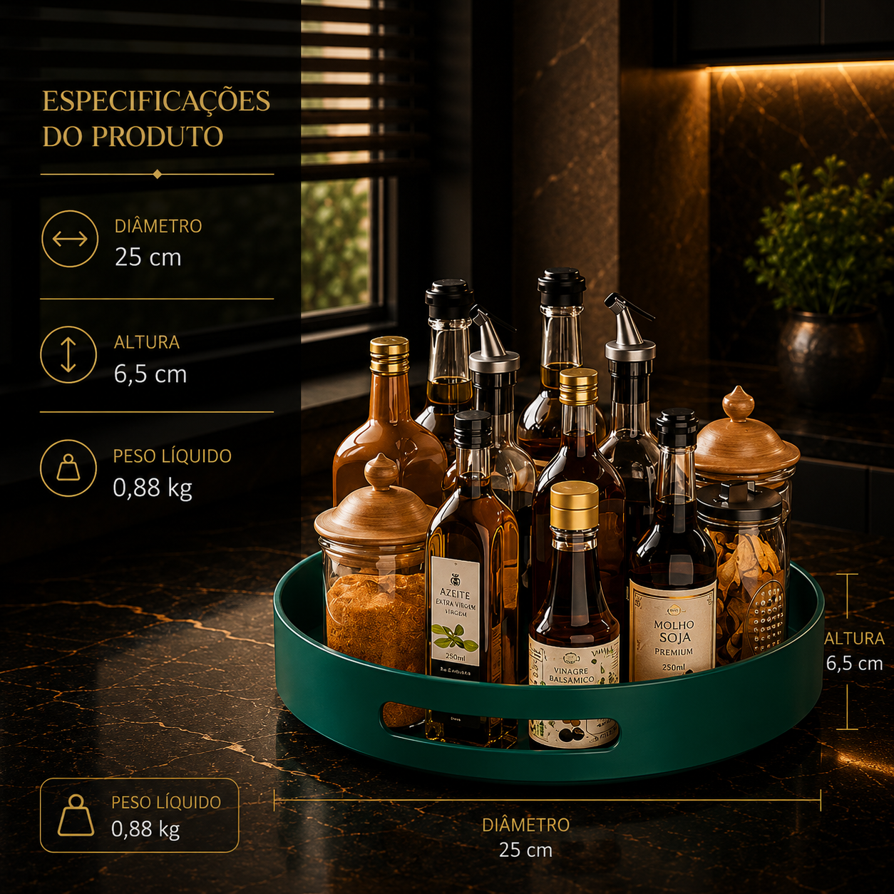 Prateleira de Especiarias Rotativa 360° em Aço Carbono Lazy Susan Organizador Giratório para Despensa Armário Bancada