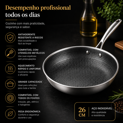 Frigideira Aço Inoxidável 26 cm – Antiaderente Favo de Mel, Compatível com Indução
