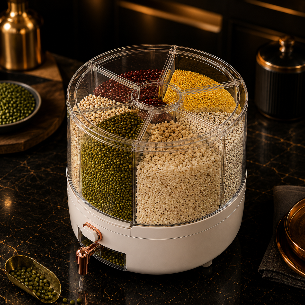 360° Rotating Organizer with 6 Compartments – Airtight, for Cereals, Rice and Sweets
