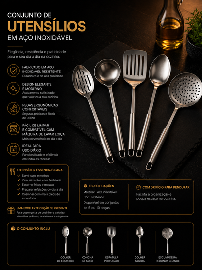 5/10 Peças Utensílios de Cozinha em Aço Inoxidável – Espátulas, Colheres e Acessórios de Cozinha Premium