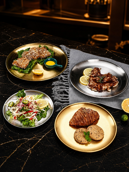 Thickened Stainless Steel Golden Round Plate – Flat Bottom, for Fruit, Cake, BBQ, and Desserts