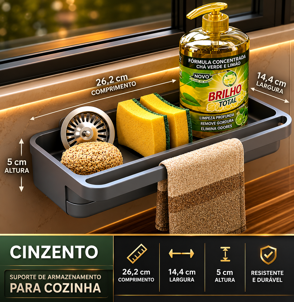 Worktop Organiser for Kitchen Sink - Dish Drainer, Sponge and Soap Holder, Non-Slip