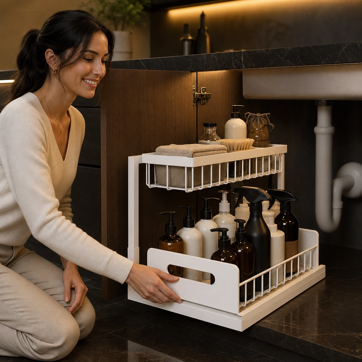 Under Sink Sliding Organizer - Metal Pull Out Shelves for Kitchen, Bathroom and Garage