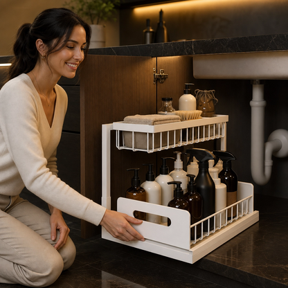 Under Sink Sliding Organizer - Metal Pull Out Shelves for Kitchen, Bathroom and Garage