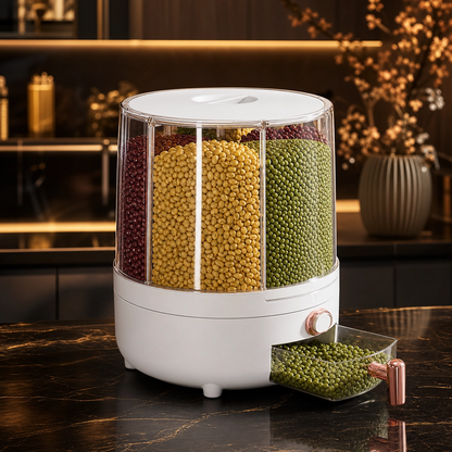 360° Rotating Organizer with 6 Compartments – Airtight, for Cereals, Rice and Sweets
