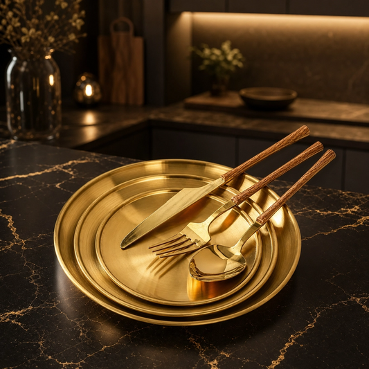 Thickened Stainless Steel Golden Round Plate – Flat Bottom, for Fruit, Cake, BBQ, and Desserts
