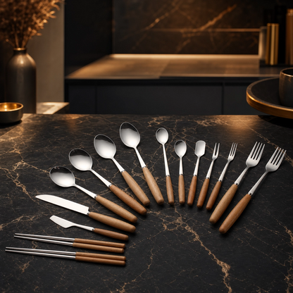 Western Stainless Steel Cutlery with Beechwood Handle – Knife, Fork, Spoon Set