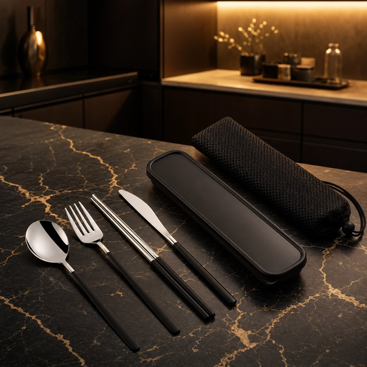 4-Piece Portable Cutlery Set – Stainless Steel, with Case, for Travel and Camping