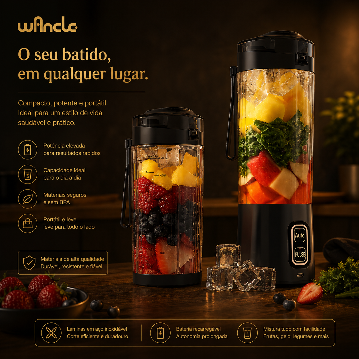 Liquidificador Portátil KIRAINAFLY 700ml – USB, 6 Lâminas, 360W