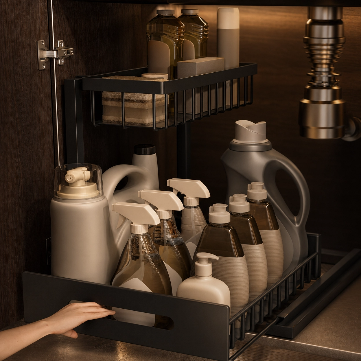 Under Sink Sliding Organizer - Metal Pull Out Shelves for Kitchen, Bathroom and Garage